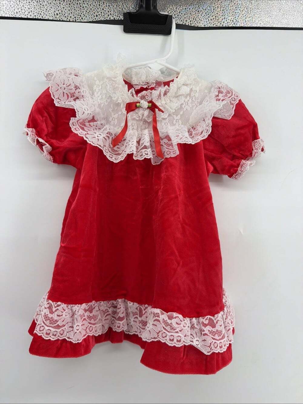 Vintage Red VelvetHoliday Dress White Ruffle Lace Trim Short Sleeve Size 24m